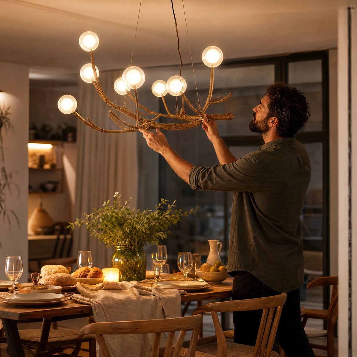 Lustre Branche Bois avec Globes Lumineux Style Naturel - Utilisation GLOBALE