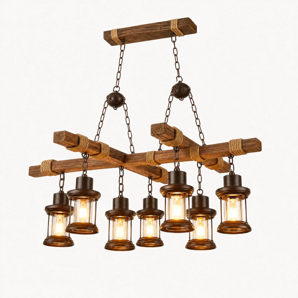 Lustre Industriel Bois et Verre à 6 Lampes - image principale