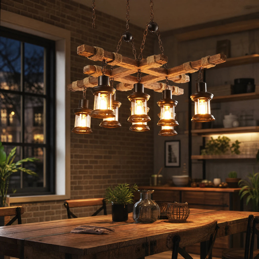 Lustre Industriel Bois et Verre à 6 Lampes - OBJETS VARIES