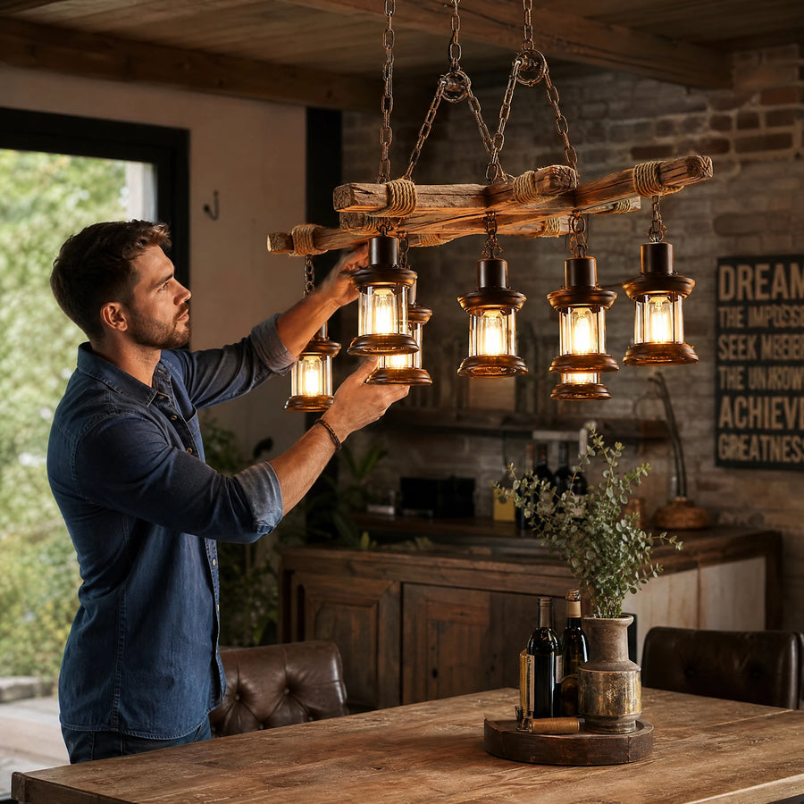 Lustre Industriel Bois et Verre à 6 Lampes - Utilisation GLOBALE