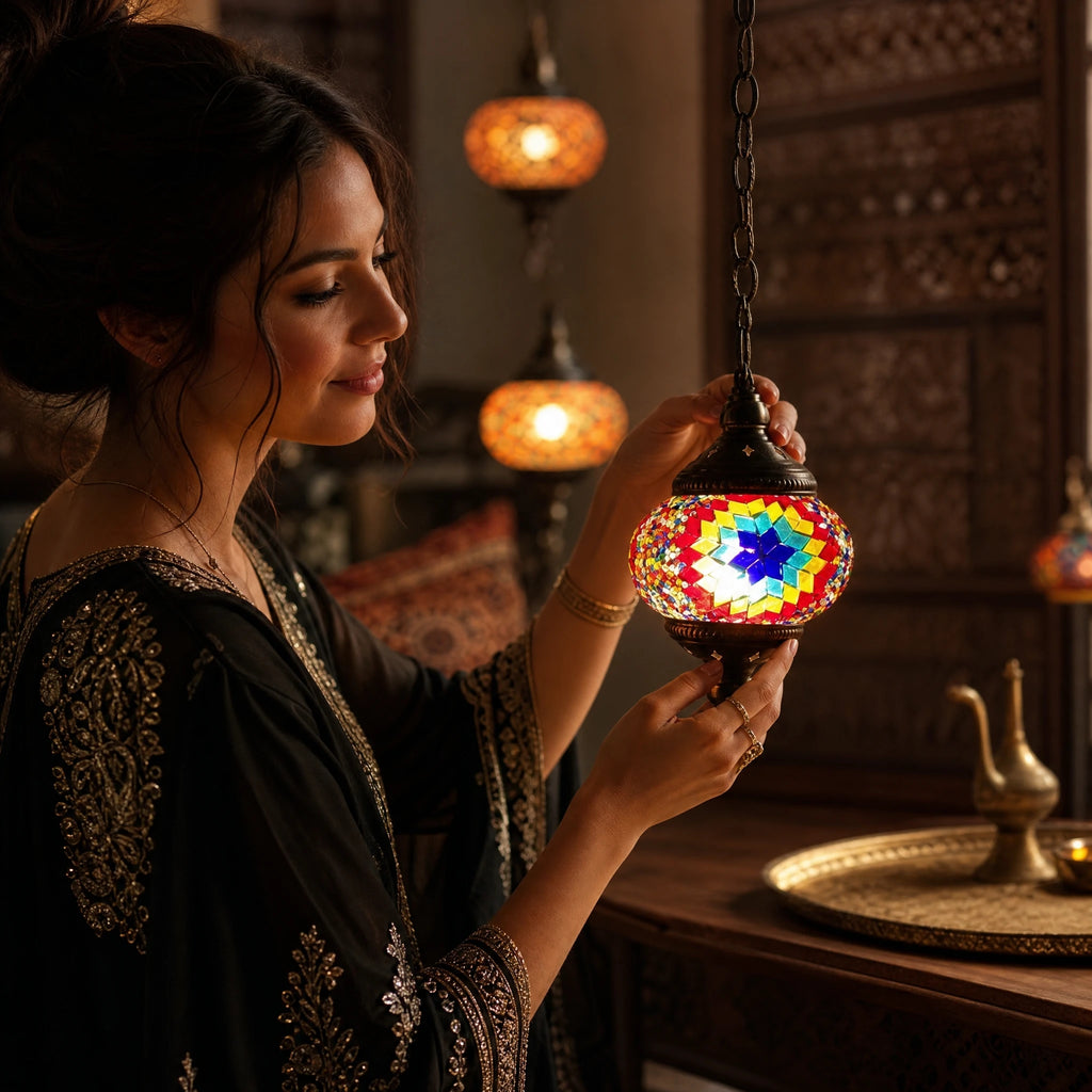Lustre Mosaïque Orientale en Verre Multicolore Suspendu - Utilisation GLOBALE