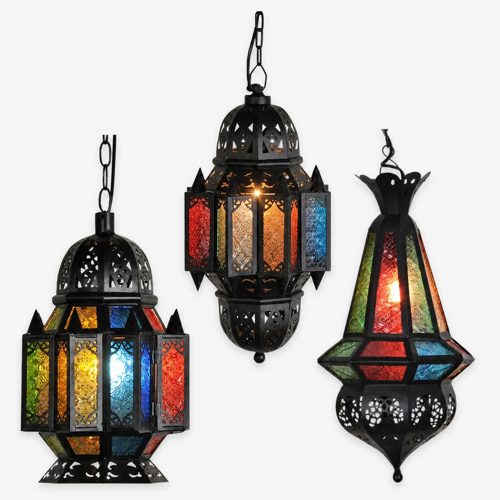 Lustre Oriental Suspendu en Verre Coloré et Fer Ajouré - image principale