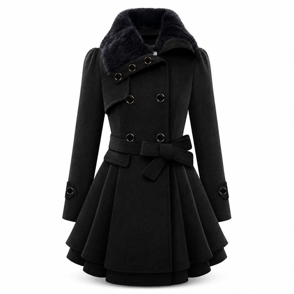 Manteau Femme Vintage Noir à Col Fourrure et Ceinture - image principale