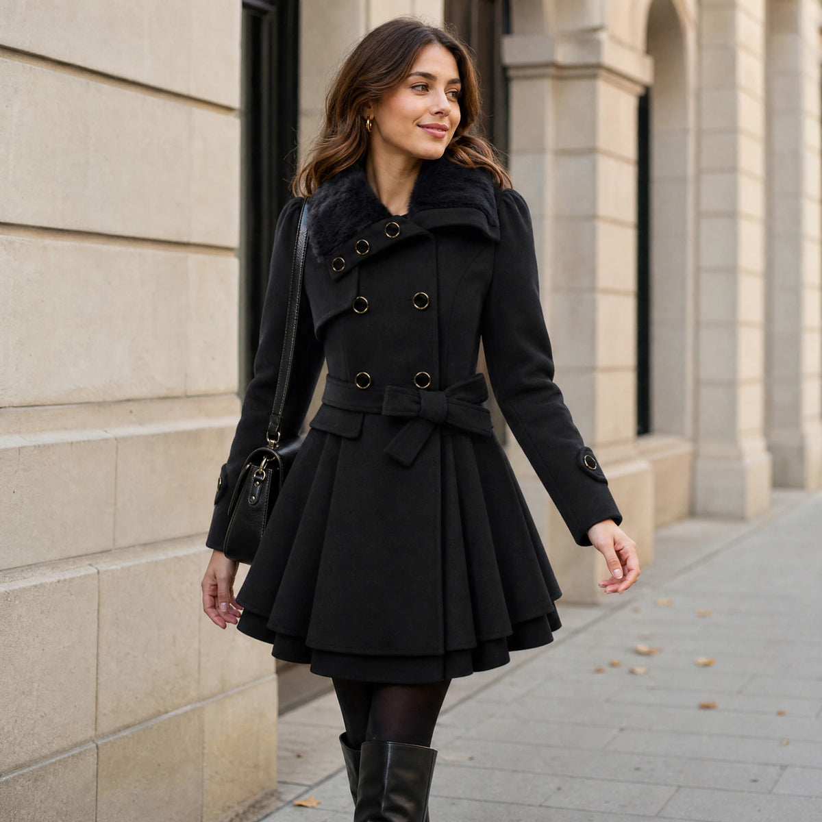 Manteau Femme Vintage Noir à Col Fourrure et Ceinture - Utilisation GLOBALE