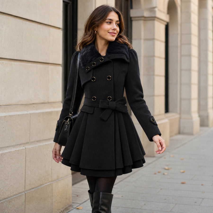 Manteau Femme Vintage Noir à Col Fourrure et Ceinture - Utilisation GLOBALE