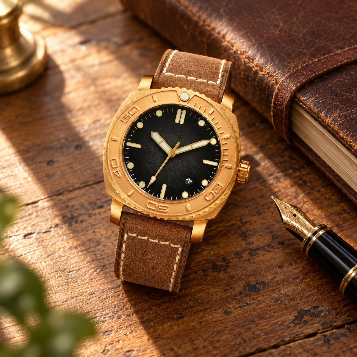 Montre plongée automatique vintage bronze portée au poignet en bord de mer, cadran noir et bracelet marron Imagen