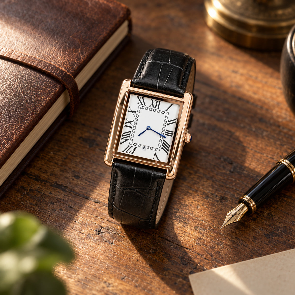 Montre rectangulaire homme vintage posée sur un bureau en bois à côté d'un carnet en cuir et d'un stylo Imagen