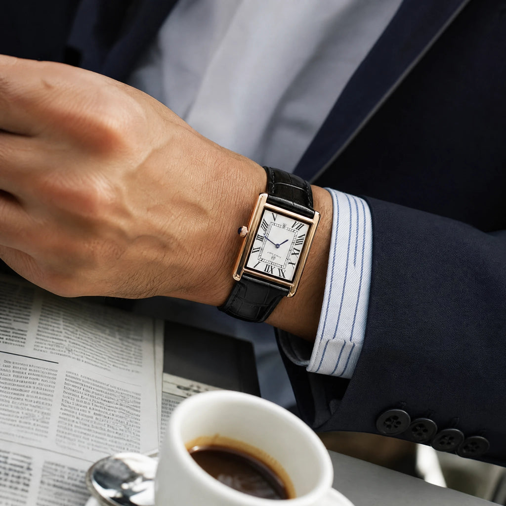 Montre Rectangulaire Homme Cadran Blanc et Bracelet Cuir - Utilisation GLOBALE