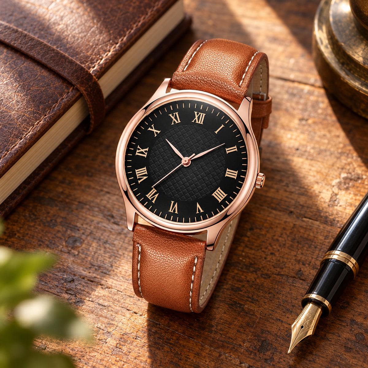 Femme portant la montre style vintage à bracelet effet cuir lors d'un dîner en terrasse le soir Imagen