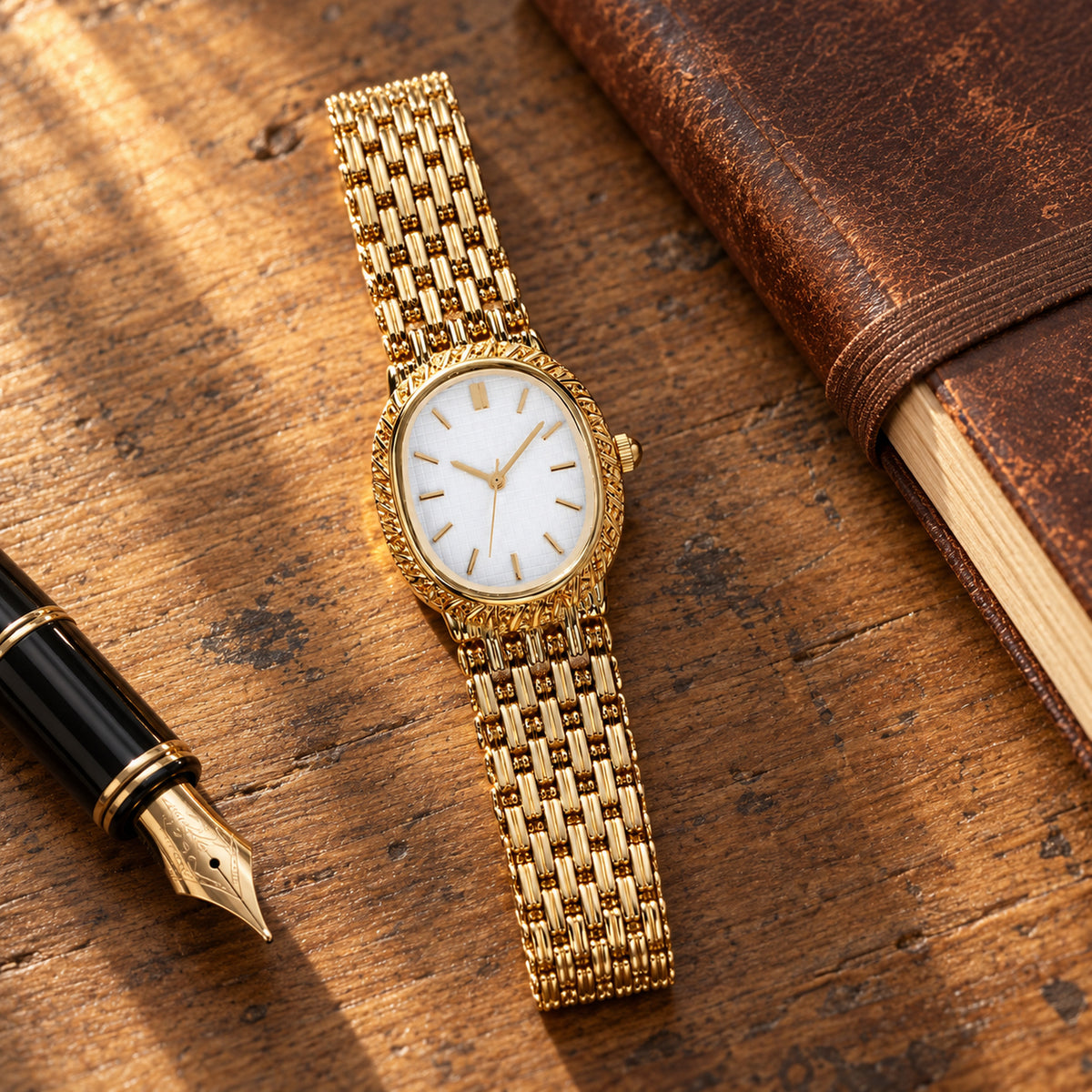 Femme portant la montre vintage à bracelet maille or lors d'un dîner, cadran blanc visible sur une robe noire Imagen