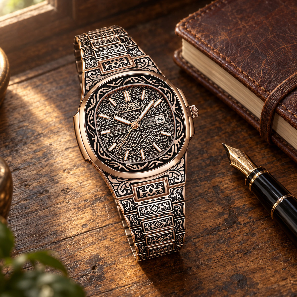 Homme portant la montre vintage gravée à bracelet métal lors d'un dîner, poignet posé sur la table Imagen
