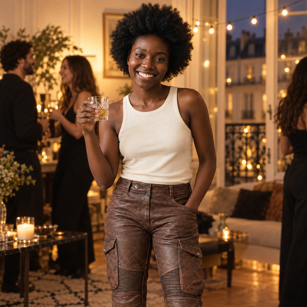 Personne en pantalon moto effet cuir lors d'une soirée entre amis dans un appartement chaleureux Imagen