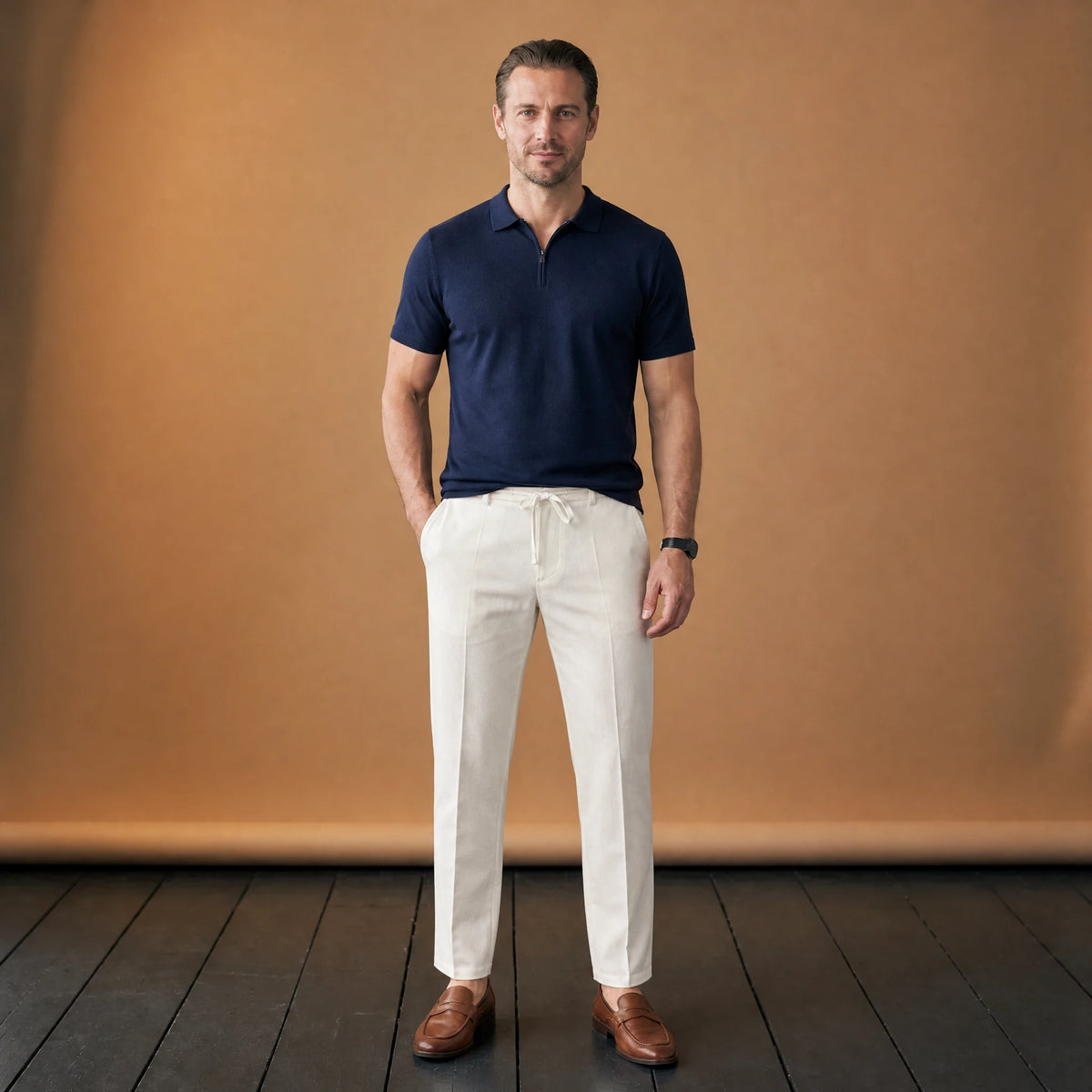 Pantalon Lin Homme Taille Élastique à Cordon Beige - VETEMENT Studio HOMME