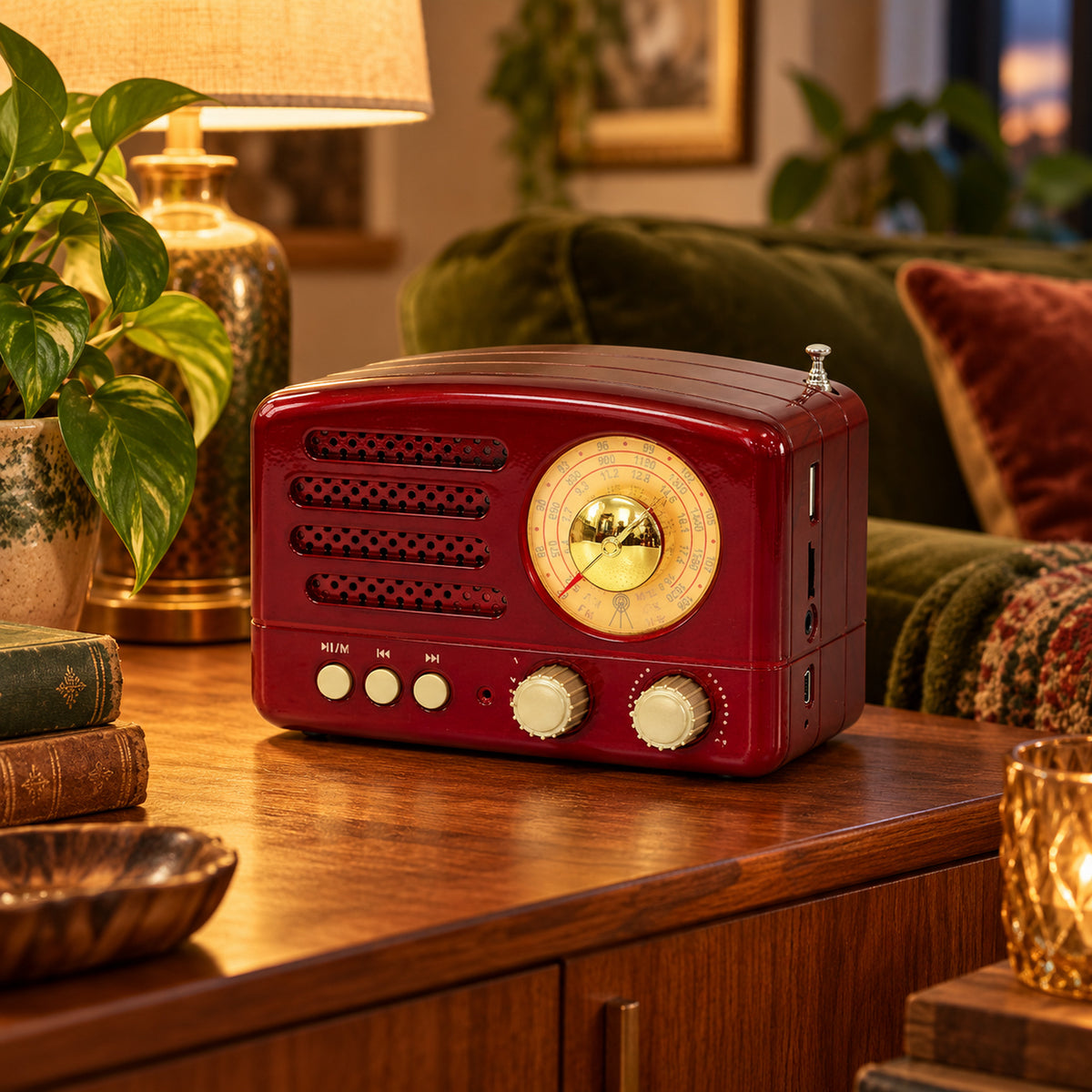 Poste radio vintage rouge à cadran doré posé allumé sur une table de chevet le matin Imagen