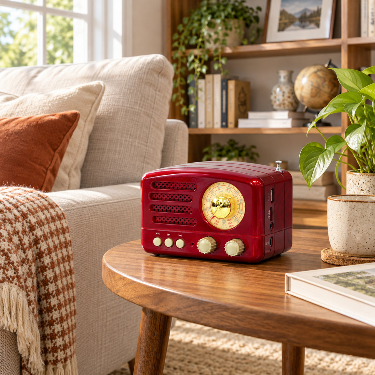Vue large d'une chambre en journée avec le poste radio vintage rouge posé sur la table de chevet Imagen