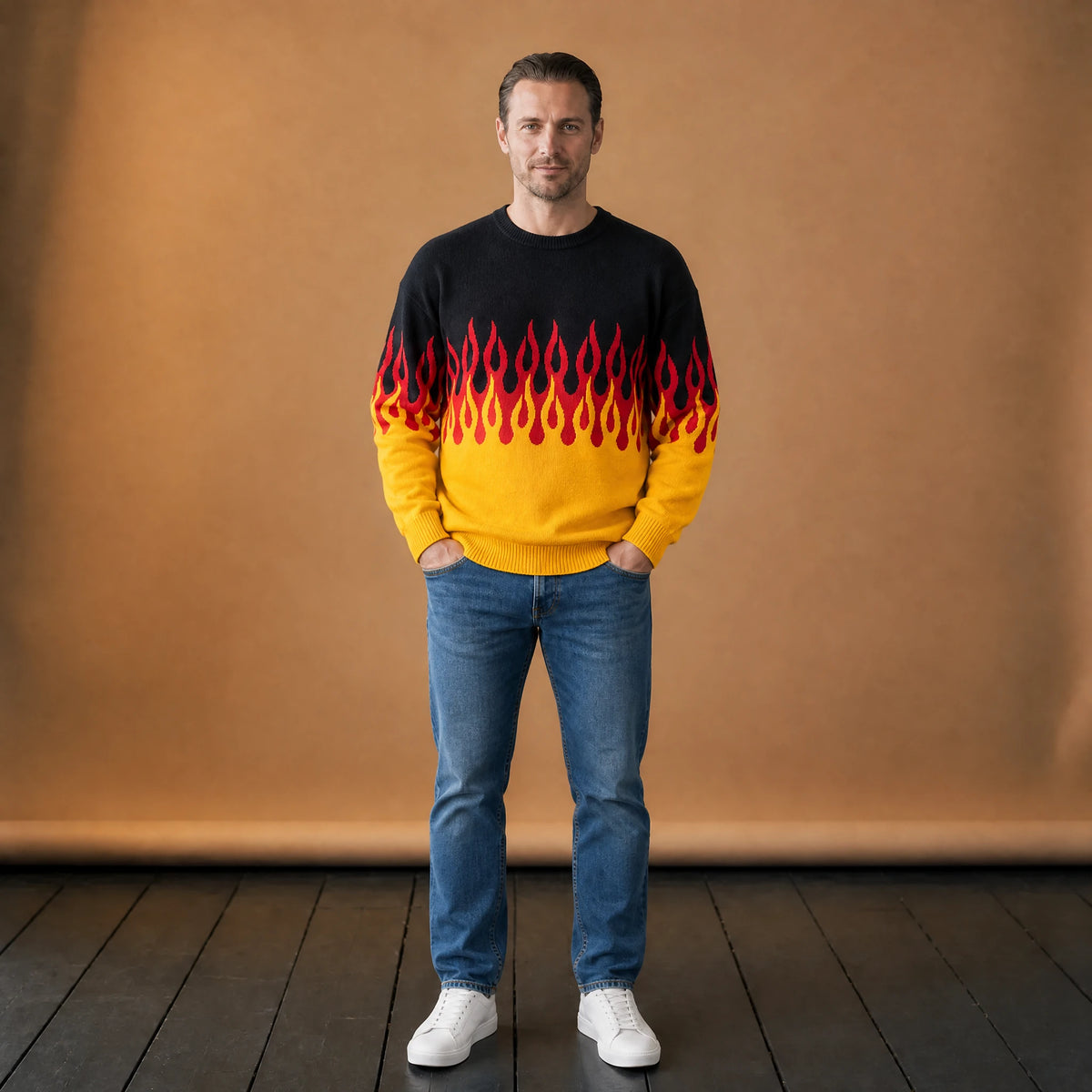 Pull Motif Flammes Bicolore Noir et Jaune - VETEMENT Studio HOMME