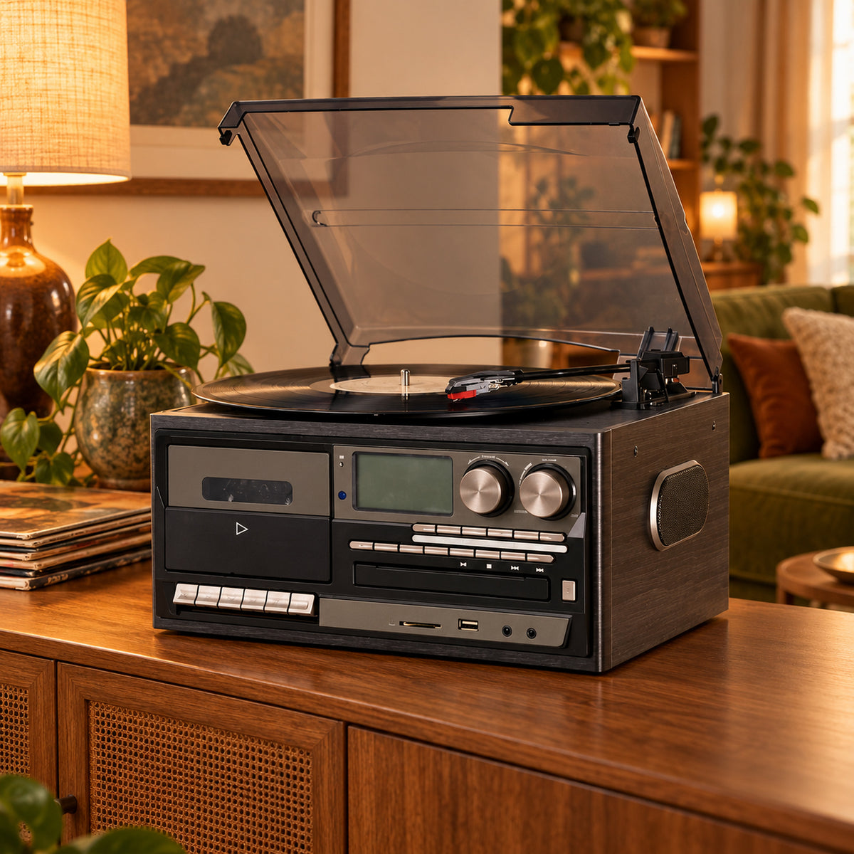 Radio CD vintage avec platine vinyle et lecteur cassette posée sur un buffet de salon, un disque en lecture Imagen