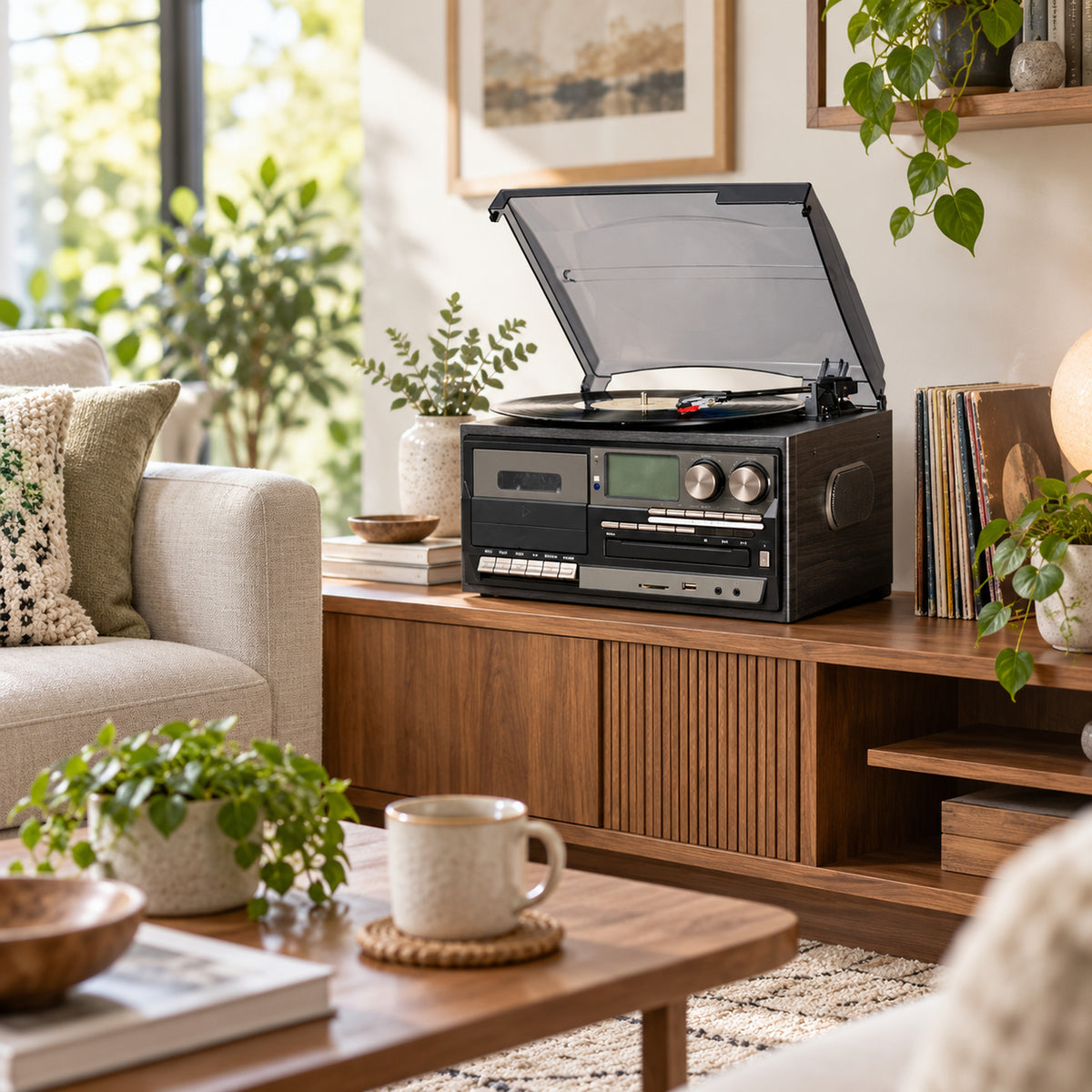 Vue large d'un salon en journée avec la radio CD vintage à platine vinyle posée sur un buffet en bois Imagen