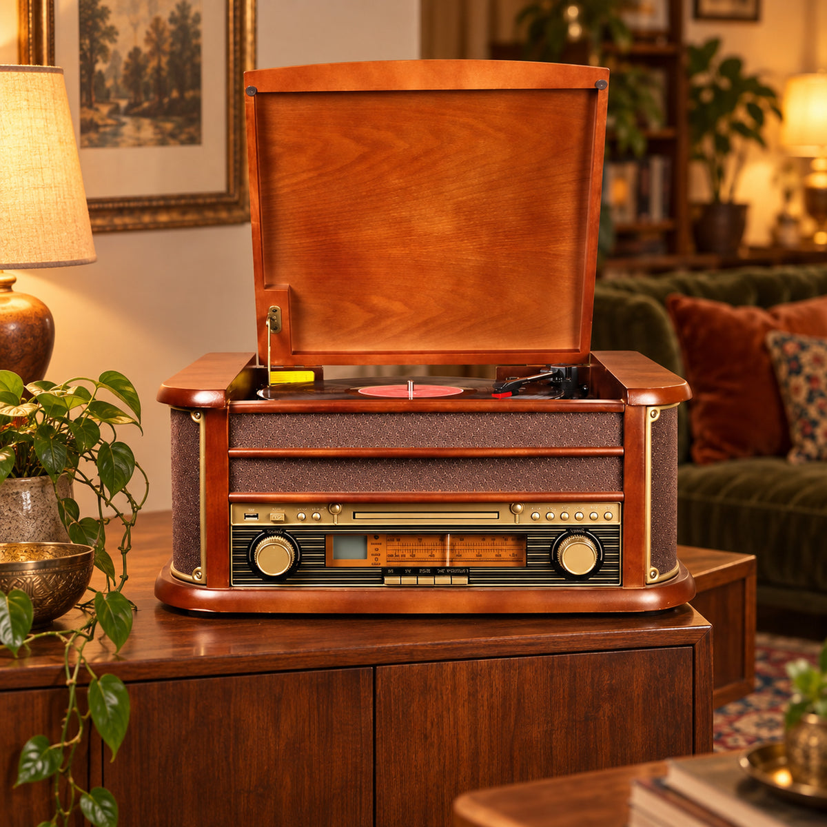 Radio CD USB vintage en bois avec platine vinyle sous capot ouvert, posée allumée sur un buffet de salon Imagen
