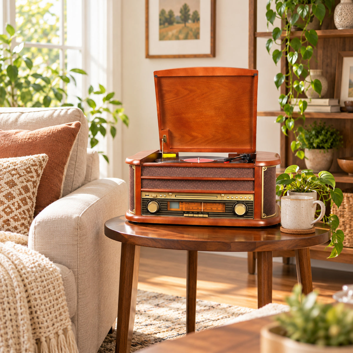 Vue large d'un salon en journée avec la radio CD USB vintage en bois posée sur un buffet face au canapé Imagen