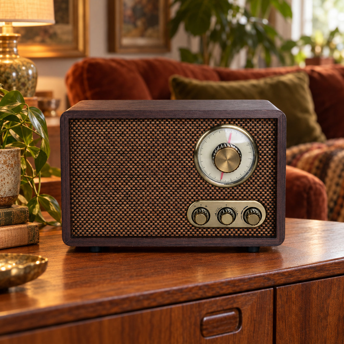 Radio vintage bluetooth en bois avec grand cadran rond posée allumée sur une étagère de salon le soir Imagen