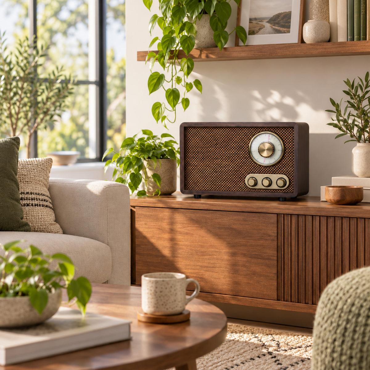 Vue large d'un salon en journée avec la radio vintage bluetooth en bois posée sur un buffet Imagen