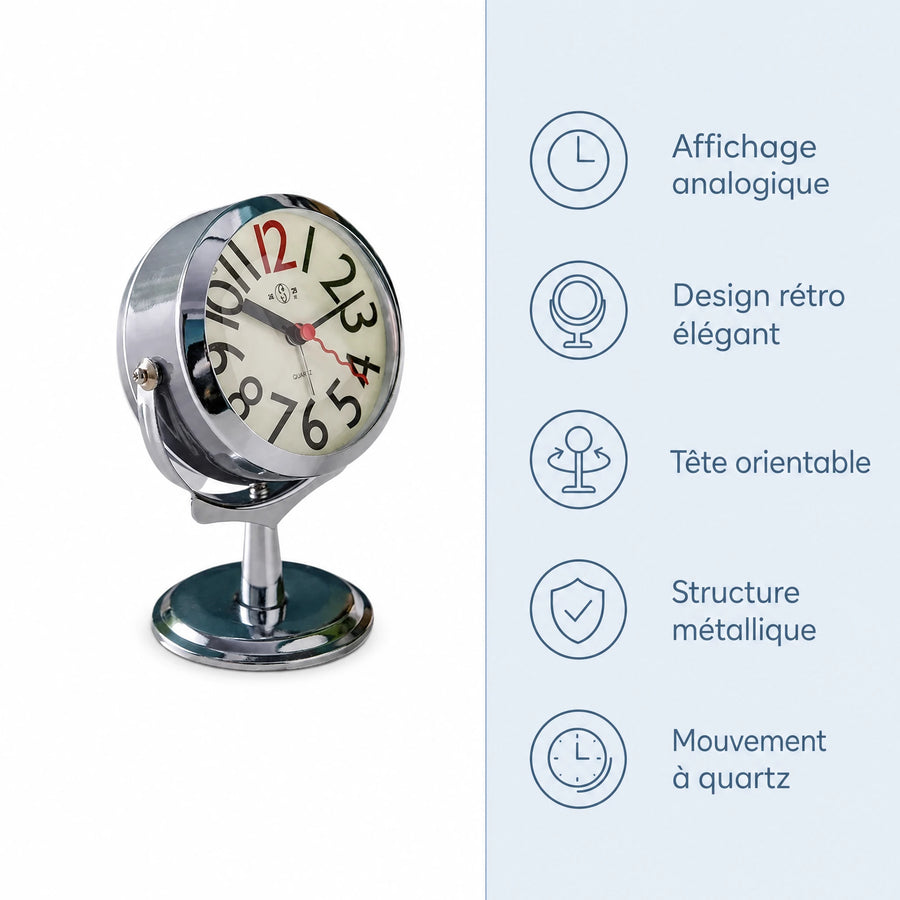 Réveil Vintage sur Pied Chromé à Support Orientable - Bénéfices produit