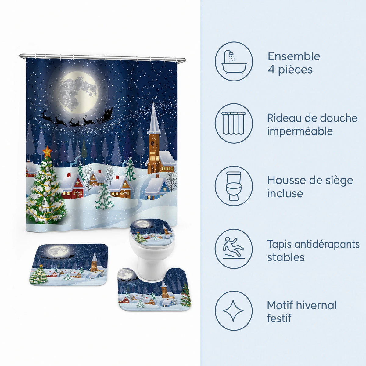 Rideau Douche Noël Village Enneigé Lune et Traineau - Bénéfices produit