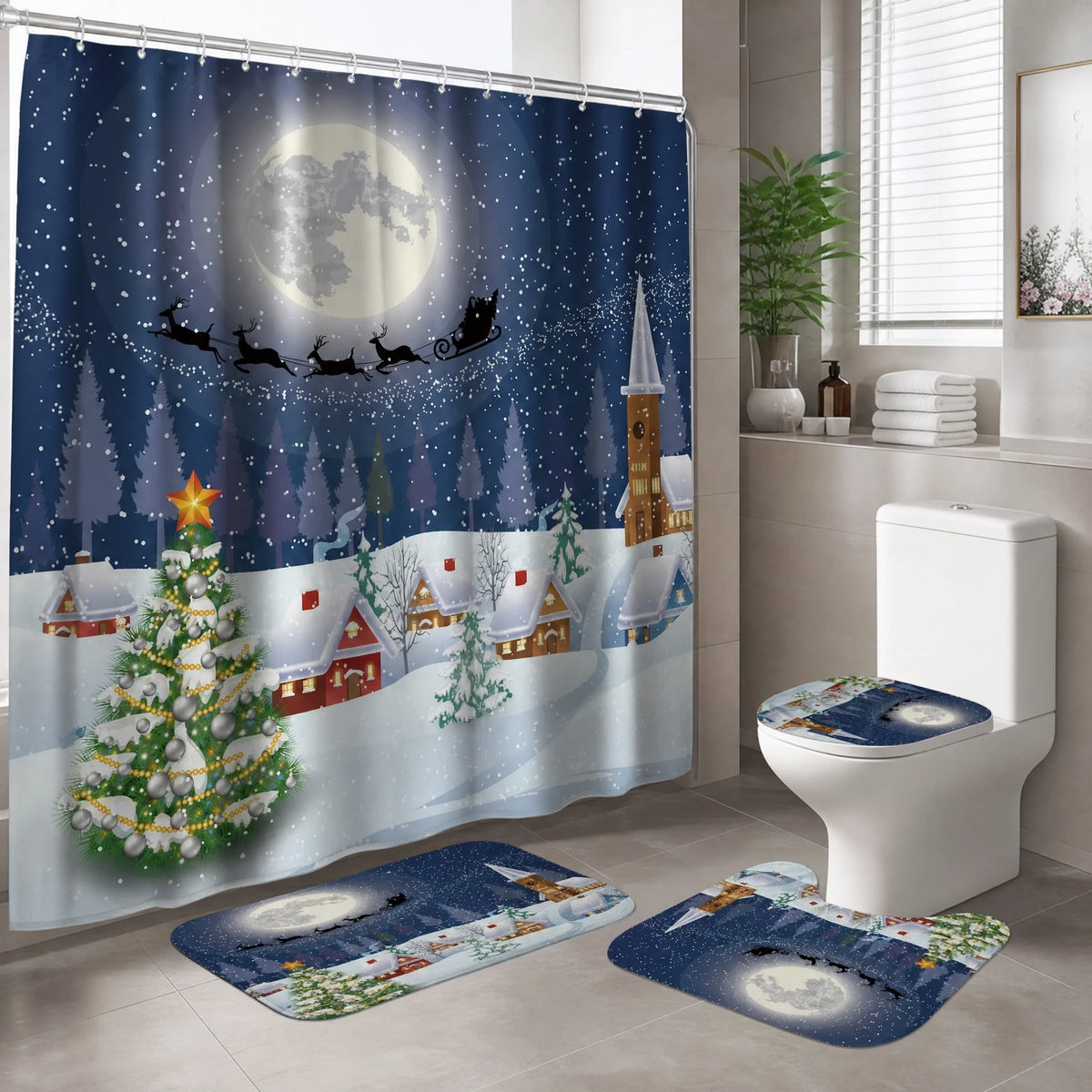 Rideau Douche Noël Village Enneigé Lune et Traineau - OBJETS VARIES