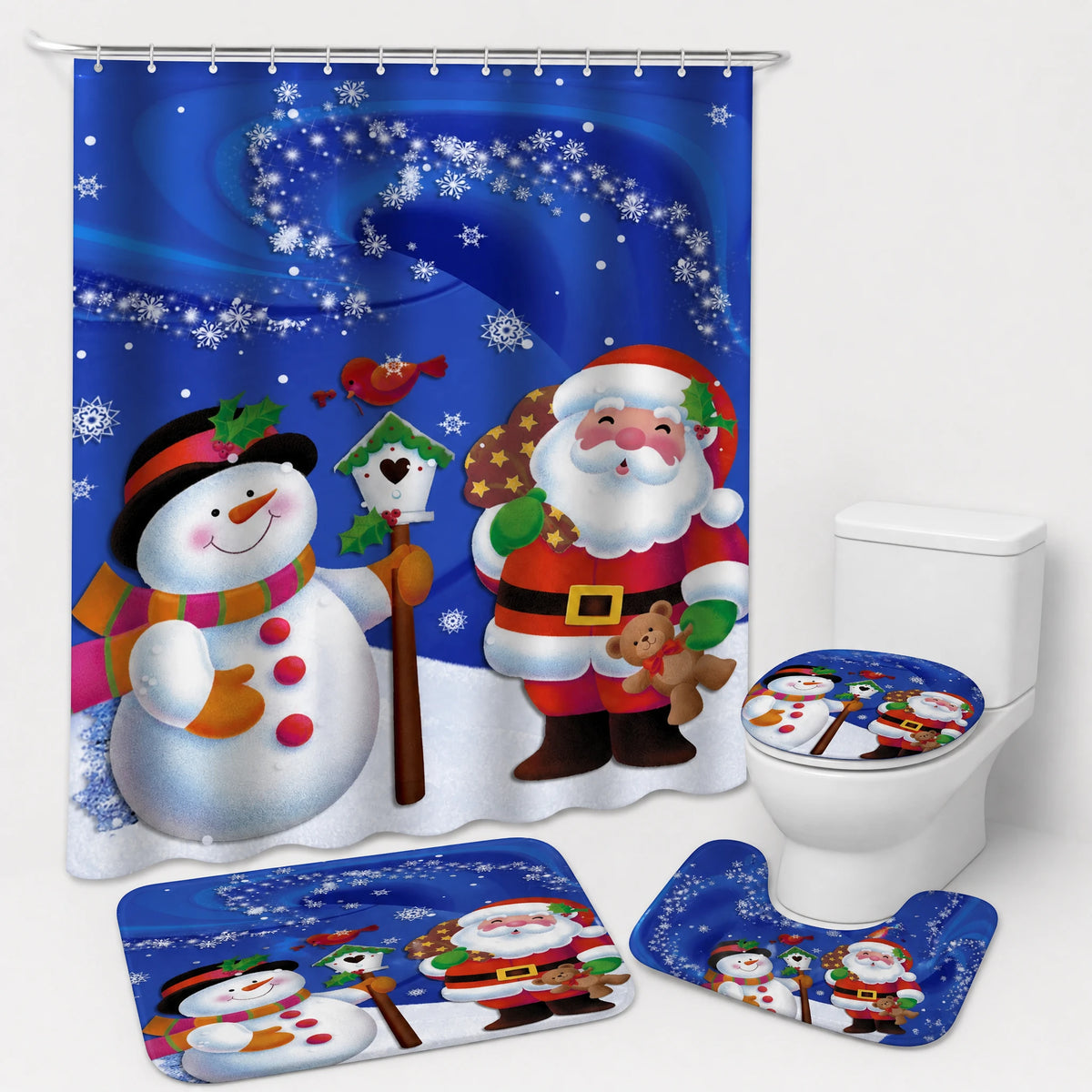 Rideau Douche Noël Village Enneigé Lune et Traineau - Père Noël bleu / 120x180 300g