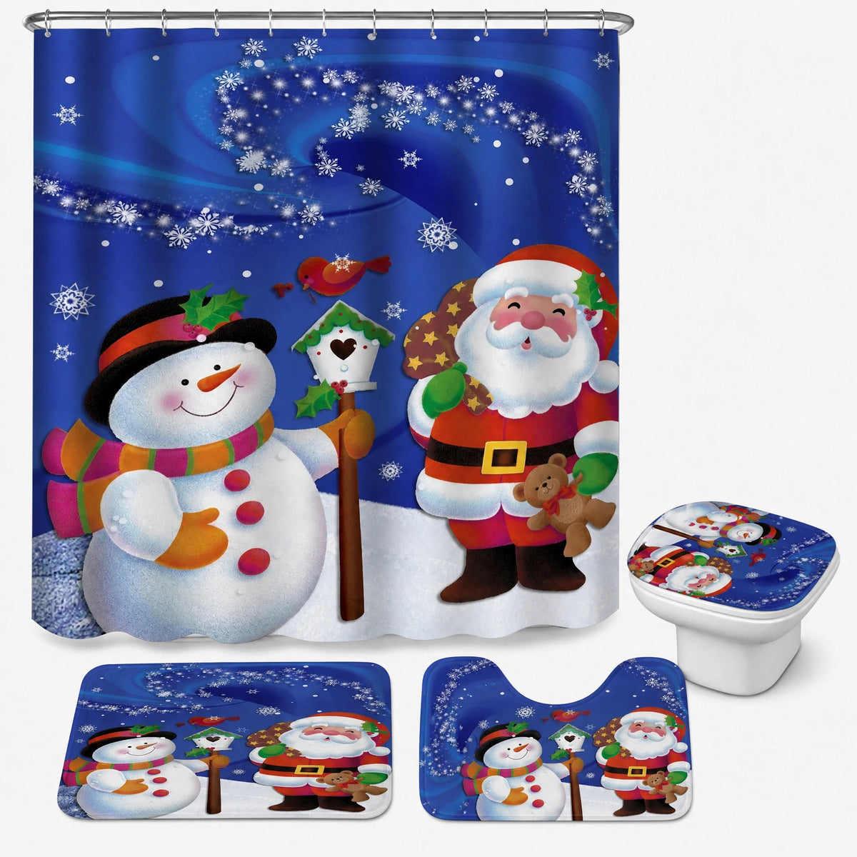 Rideau Douche Noël Village Enneigé Lune et Traineau - Père Noël bleu / Personnalisation