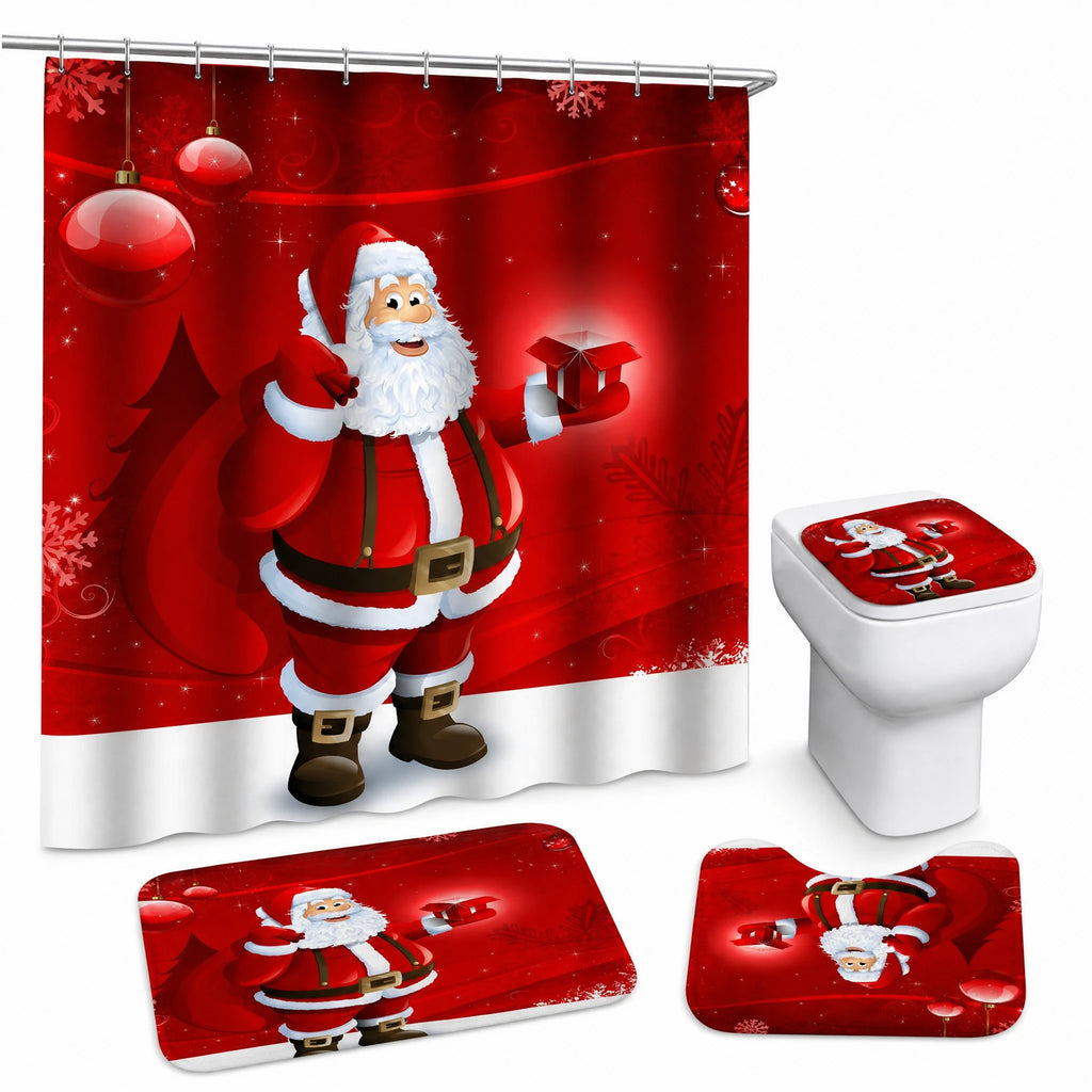 Rideau Douche Noël Village Enneigé Lune et Traineau - Père Noël rouge / 150x180 320g