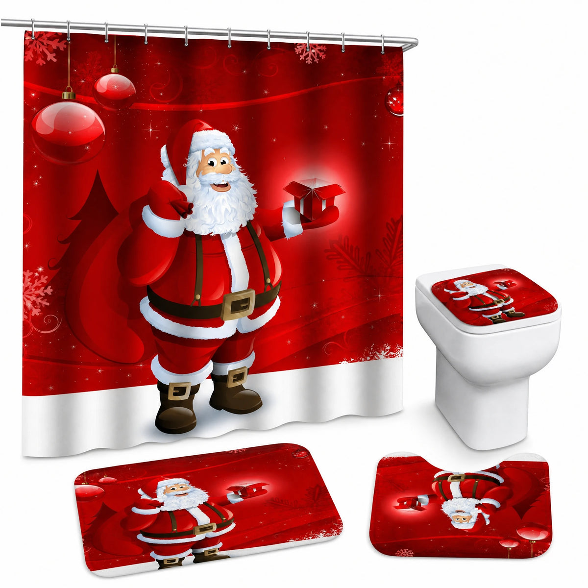 Rideau Douche Noël Village Enneigé Lune et Traineau - Père Noël rouge / 150x180 320g