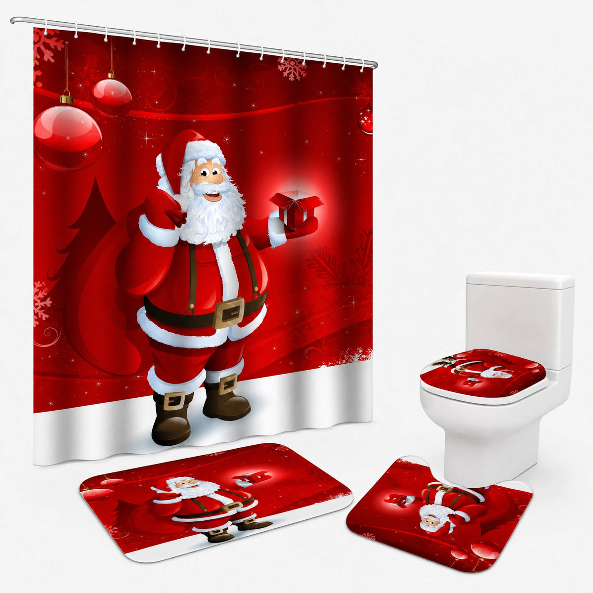 Rideau Douche Noël Village Enneigé Lune et Traineau - Père Noël rouge / 165x180 360g