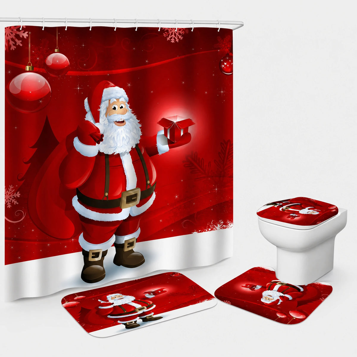 Rideau Douche Noël Village Enneigé Lune et Traineau - Père Noël rouge / 180x180 380g