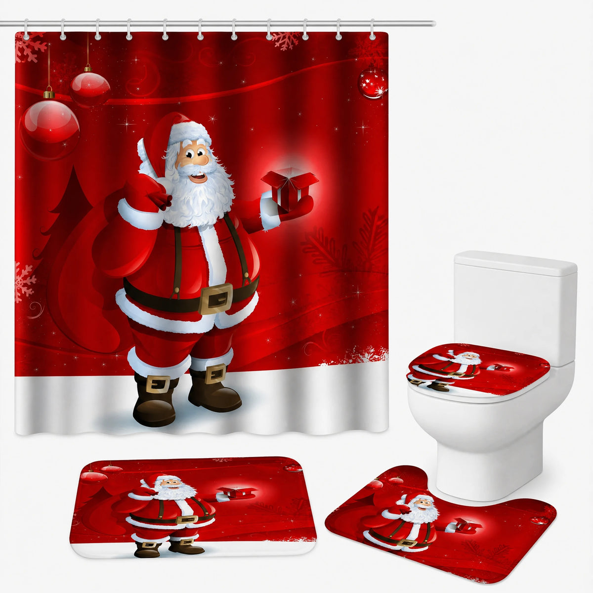 Rideau Douche Noël Village Enneigé Lune et Traineau - Père Noël rouge / 180x90 240g