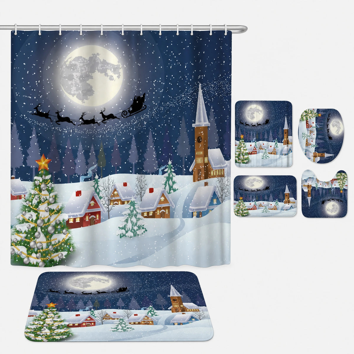 Rideau Douche Noël Village Enneigé Lune et Traineau - Sapin de Noël bleu / 120x180 300g
