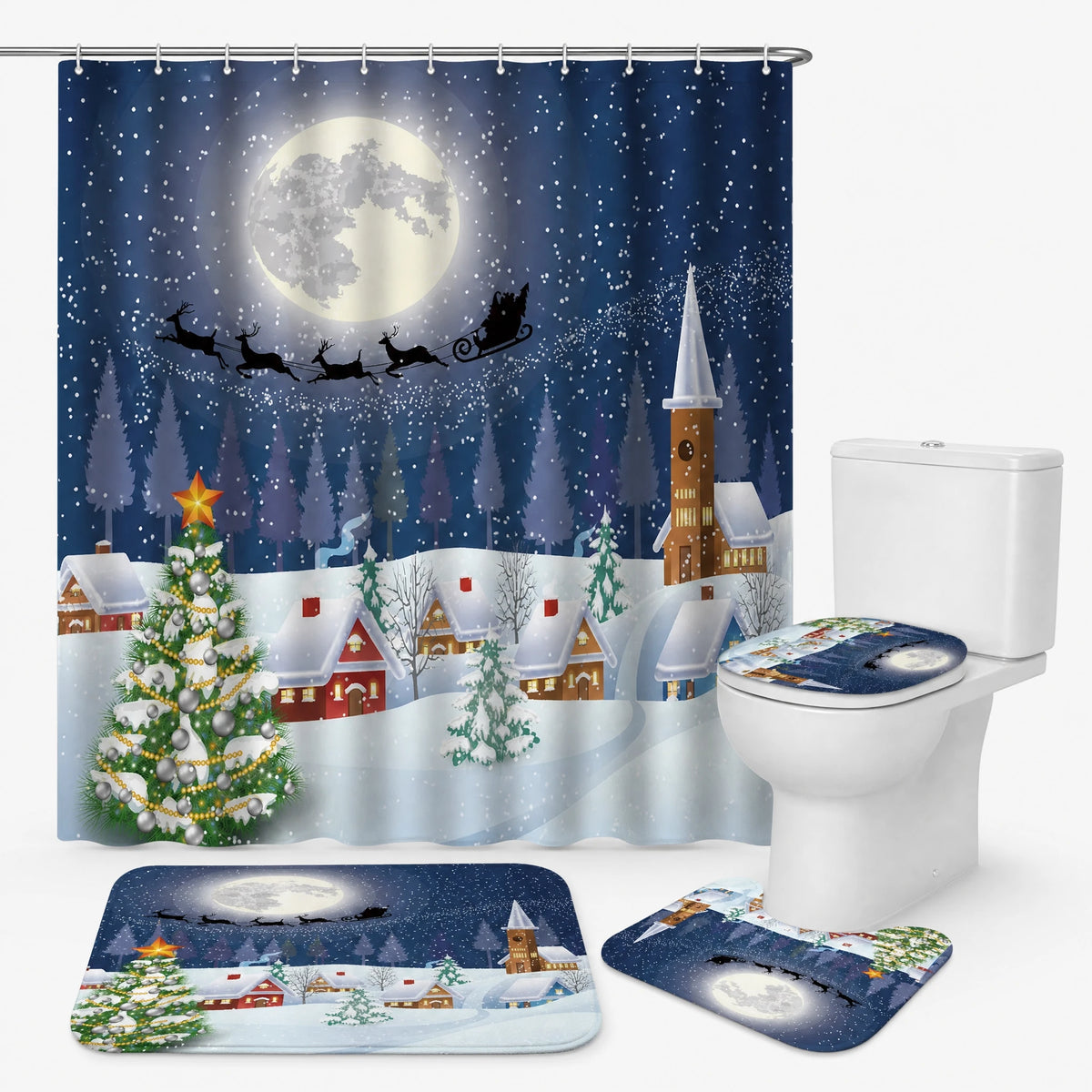 Rideau Douche Noël Village Enneigé Lune et Traineau - Sapin de Noël bleu / 165x180 360g