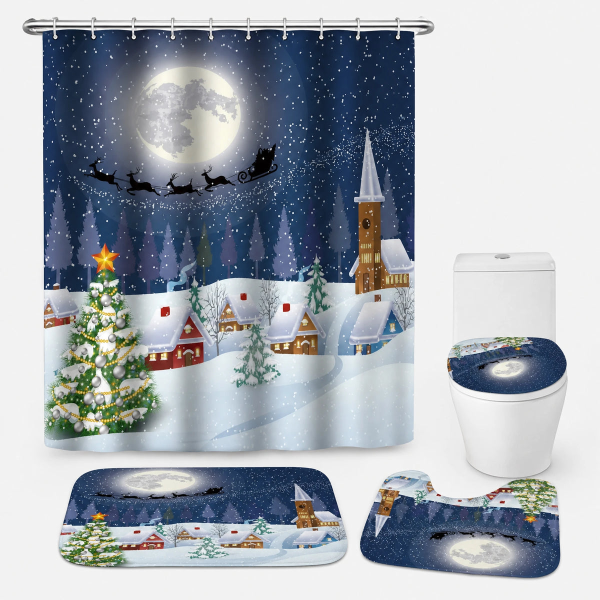 Rideau Douche Noël Village Enneigé Lune et Traineau - Sapin de Noël bleu / 180x180 380g