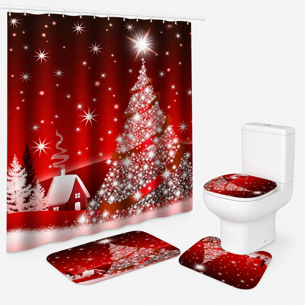 Rideau Douche Noël Village Enneigé Lune et Traineau - Sapin de Noël rouge / 180x200 420g