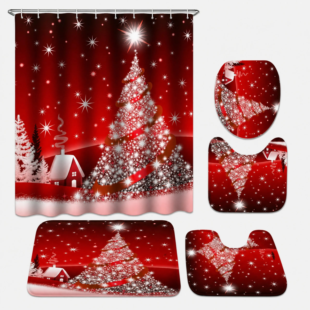 Rideau Douche Noël Village Enneigé Lune et Traineau - Sapin de Noël rouge / 180x90 240g