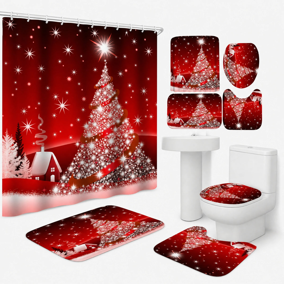 Rideau Douche Noël Village Enneigé Lune et Traineau - Sapin de Noël rouge / Personnalisation