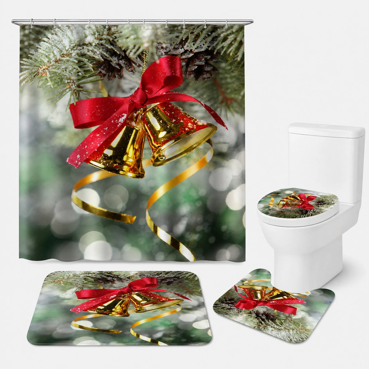 Rideau Douche Noël Village Enneigé Lune et Traineau - Vert / 150x180 320g