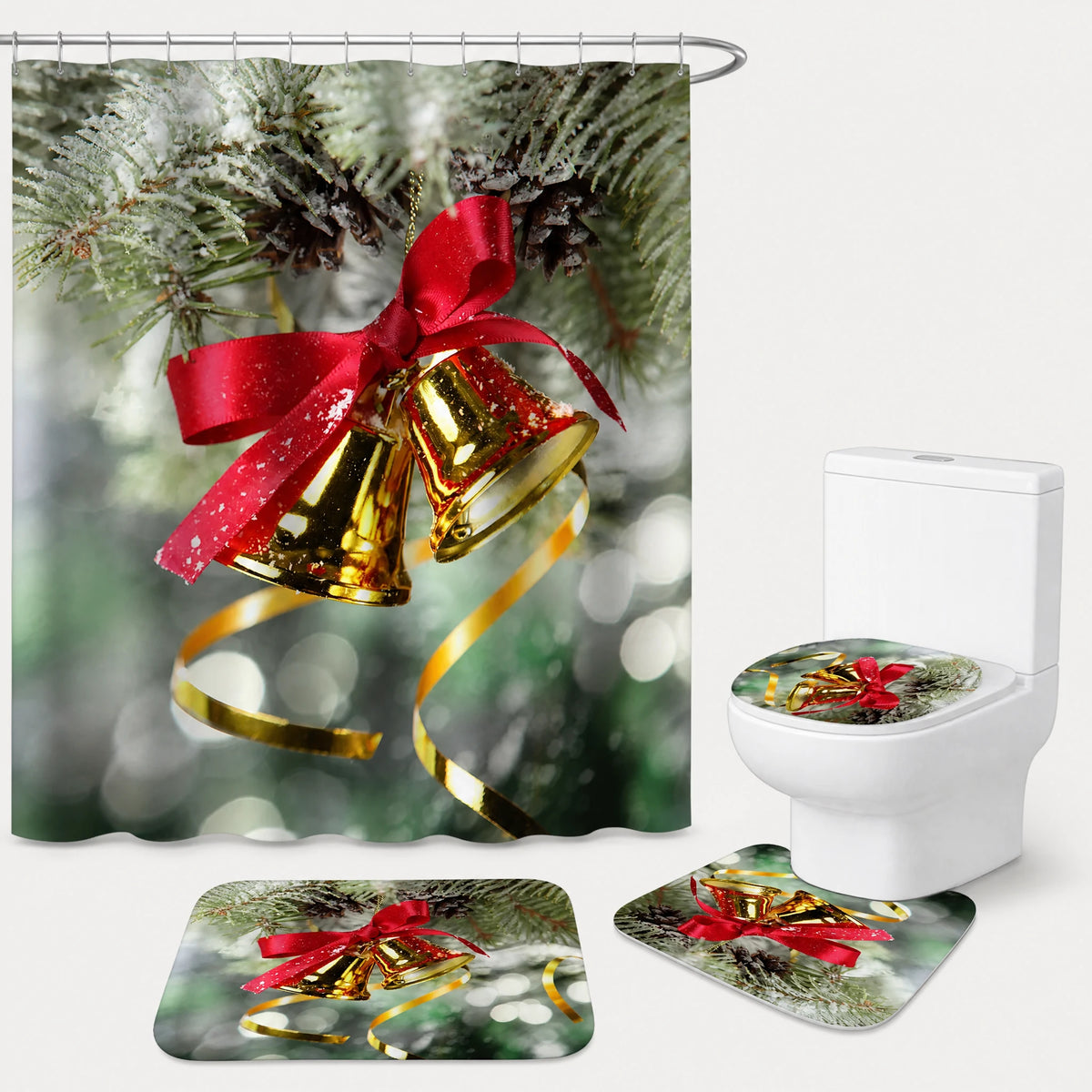 Rideau Douche Noël Village Enneigé Lune et Traineau - Vert / 180x180 380g