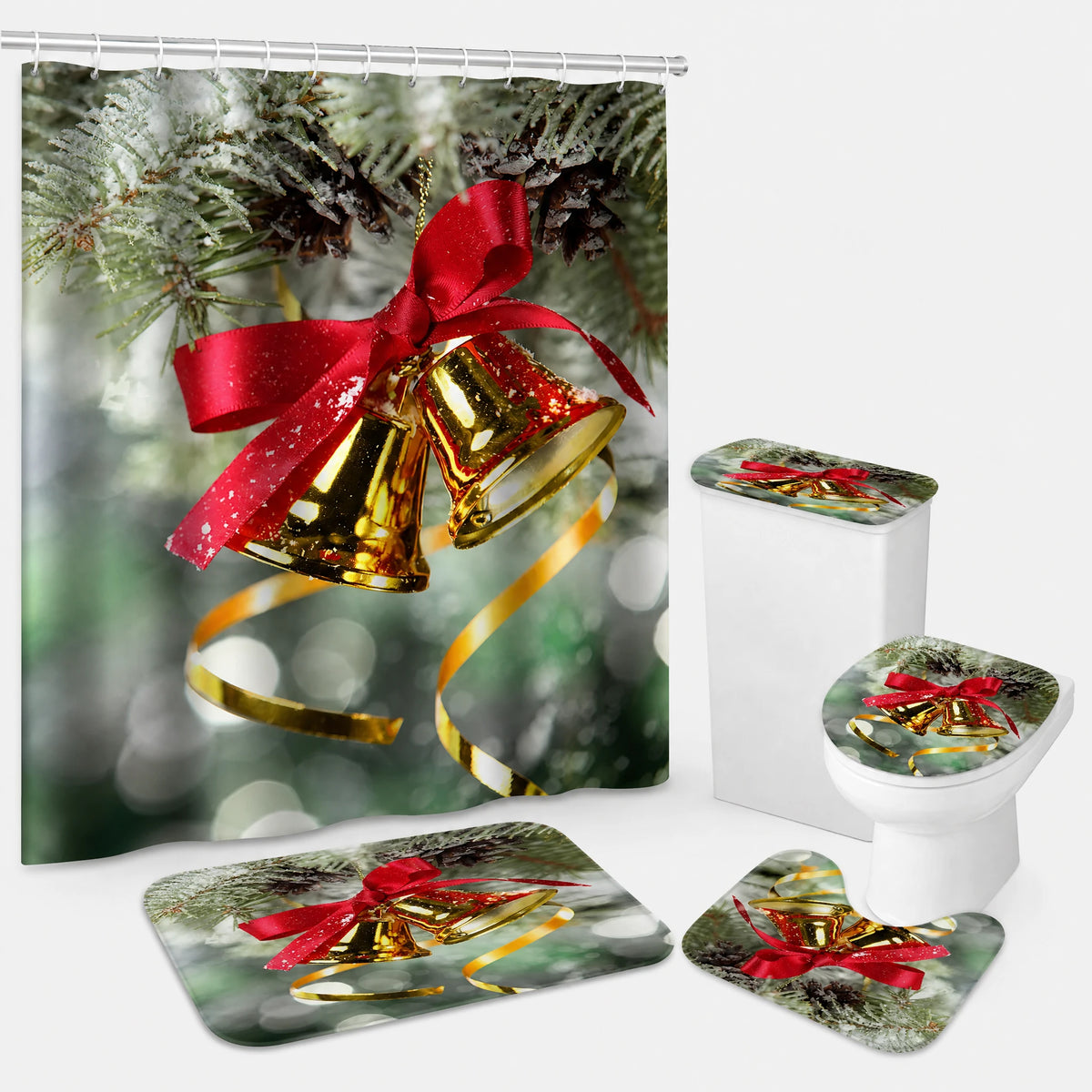Rideau Douche Noël Village Enneigé Lune et Traineau - Vert / 180x90 240g