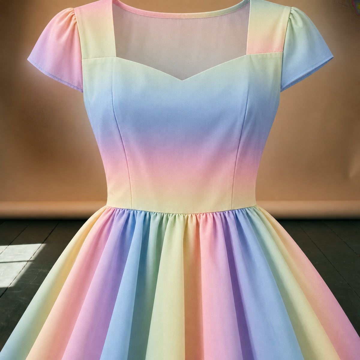 Gros plan sur les rayures pastel et le polyester de la robe arc-en-ciel style années 50 Imagen