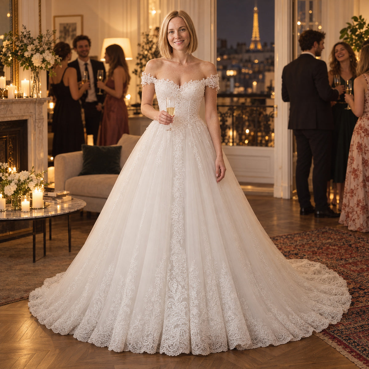 Mariée portant la robe charleston blanche en dentelle sur les marches d'une mairie, traîne déployée Imagen