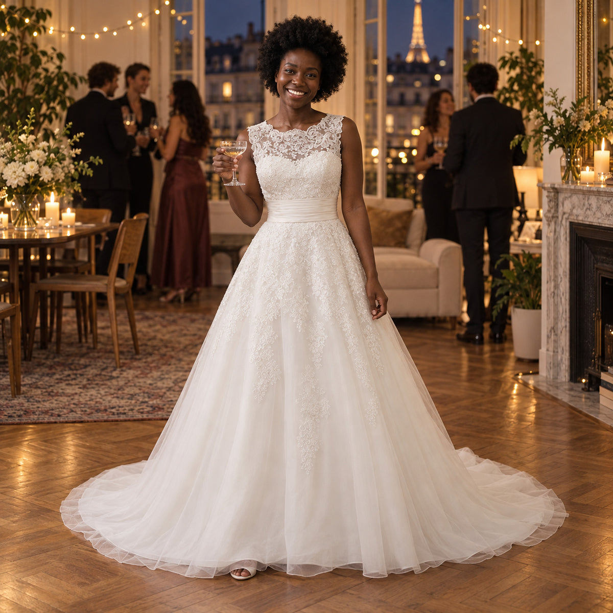 Mariée portant la robe charleston couleur ivoire de mariage longue à traîne à la sortie de l'église Imagen