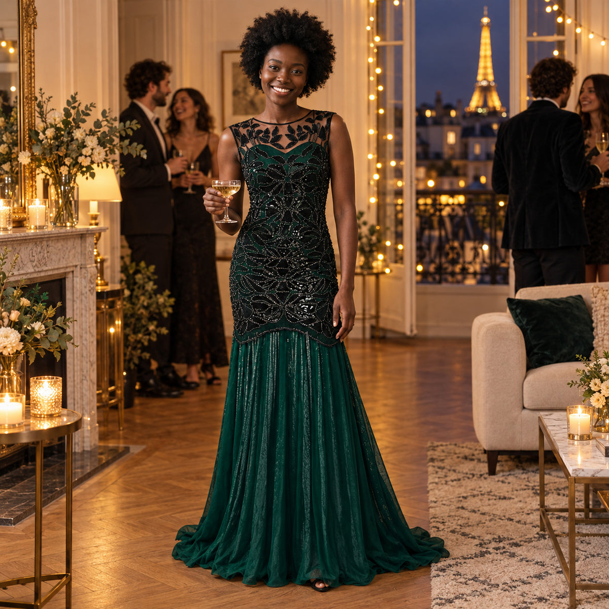 Femme portant la robe charleston longue à sequins lors d'un mariage sur le thème des années 20 Imagen