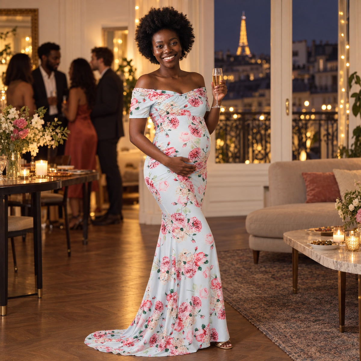 Future maman portant la robe charleston enceinte pour mariage à fleurs lors d'un vin d'honneur en extérieur Imagen
